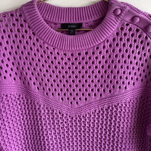 J.Crew Elbow-Sleeve Sweater Crocheted Shoulder Buttons Purple 100% Cotton - Picture 2 of 5